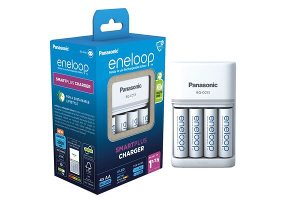 ENELOOP Plastic FREE Pro Carregador BQ-CC55 + 4 Pilhas AA 2000mAh - Branco