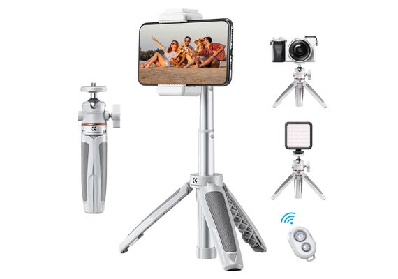 K&F CONCEPT Tripé Portátil com Selfie-Stick Bluetooth MS02 + Suporte Smartphone - Branco