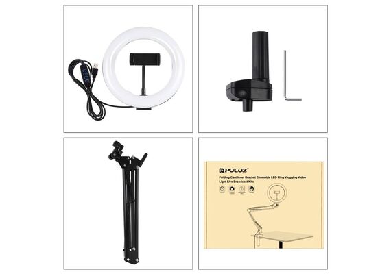 PULUZ Iluminador Anelar com Boom Arm LED Vlogging Ring PKT3089B 20cm
