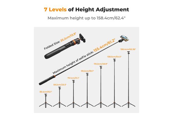 K&F CONCEPT Tripé com Selfie Stick 2 em 1 com Controle Remoto