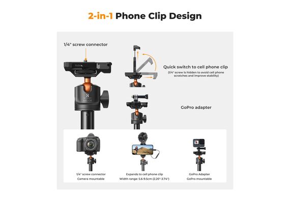 K&F CONCEPT Tripé com Selfie Stick 2 em 1 com Controle Remoto