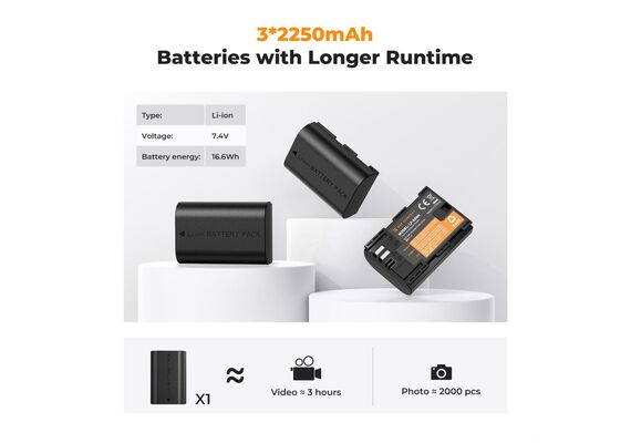 K&F CONCEPT Kit 3 Baterias LP-E6 2250mAh com Carregador triplo