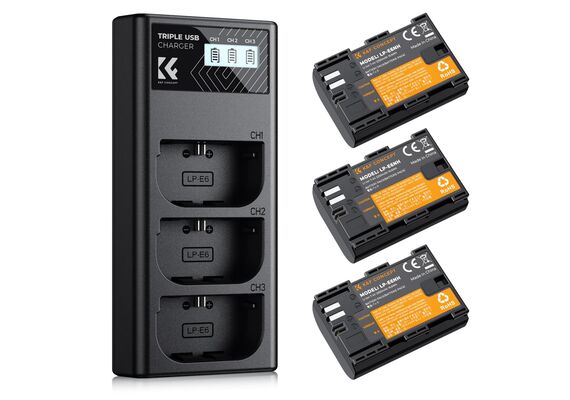K&F CONCEPT Kit 3 Baterias LP-E6 2250mAh com Carregador triplo
