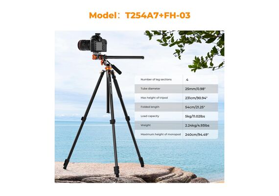 K&F CONCEPT Tripé de Vídeo K254A7 + Cabeça Fluida FH-03