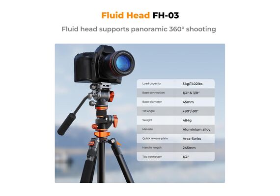 K&F CONCEPT Tripé de Vídeo K254A7 + Cabeça Fluida FH-03