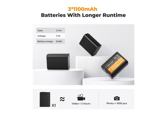 K&F CONCEPT Kit 3 Baterias NP-FW50 1100mAh com Carregador Triplo