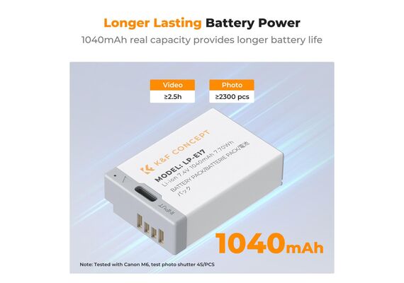 K&F CONCEPT Bateria com Carregamento USB-C LP-E17 1040mAh