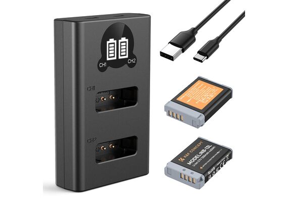 K&F CONCEPT Kit Carregador Duplo + 2 Baterias NB-13L 1250mAh