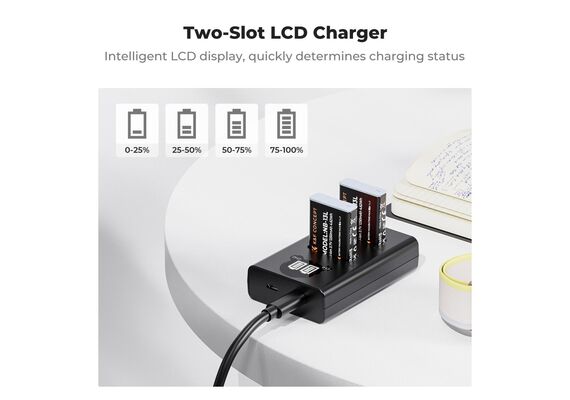 K&F CONCEPT Kit Carregador Duplo + 2 Baterias NB-13L 1250mAh