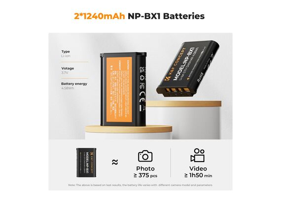 K&F CONCEPT Kit 2 Baterias NP-BX1 1240mAh com Carregador Duplo