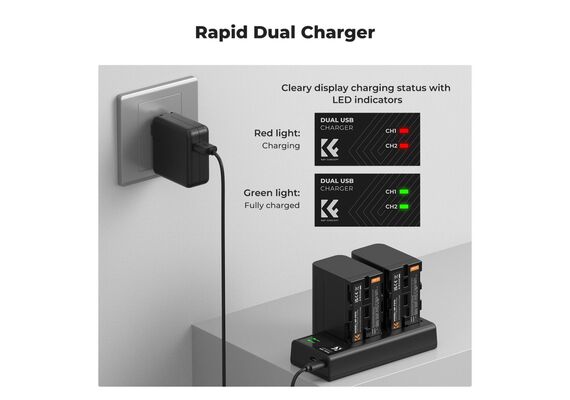 K&F CONCEPT Kit Carregador Duplo + 2 Baterias NP-F970 6600mAh