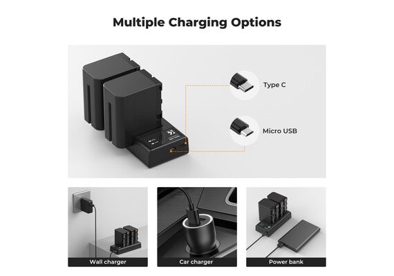 K&F CONCEPT Kit Carregador Duplo + 2 Baterias NP-F970 6600mAh