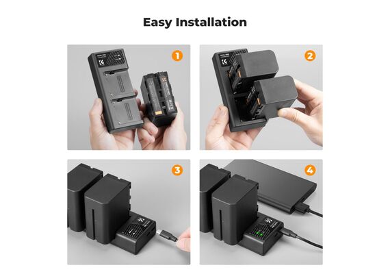 K&F CONCEPT Kit Carregador Duplo + 2 Baterias NP-F970 6600mAh