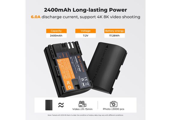K&F CONCEPT Kit Carregador Duplo + 2 Baterias LP-E6P 2400mAh
