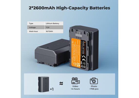 K&F CONCEPT Kit 2 Baterias NP-FZ100 2600mAh com Carregador Duplo