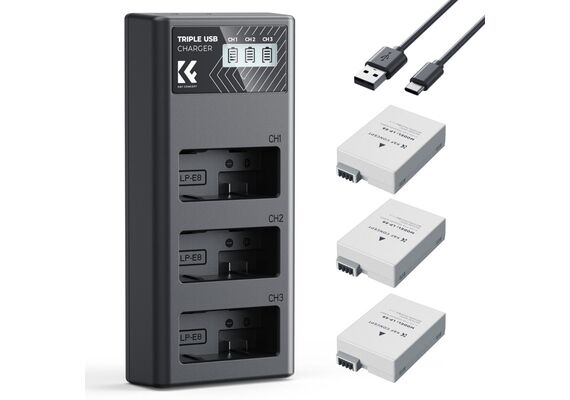 K&F CONCEPT Kit 3 Baterias  LP-E8 1200mAh com Carregador Triplo