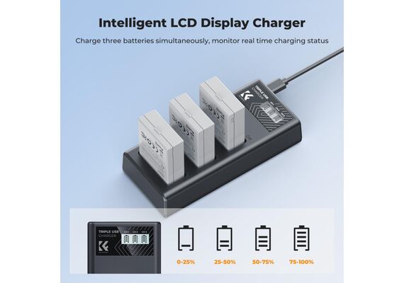 K&F CONCEPT Kit 3 Baterias  LP-E8 1200mAh com Carregador Triplo