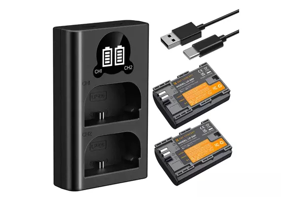K&F CONCEPT Kit Carregador Duplo + 2 Baterias LP-E6P 2400mAh
