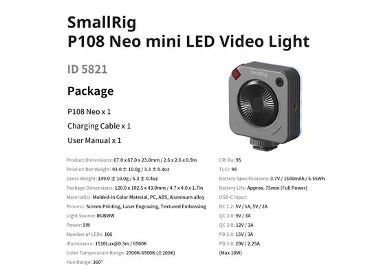 SMALLRIG 5821 Iluminador LED P108 Neo Mini - RGB